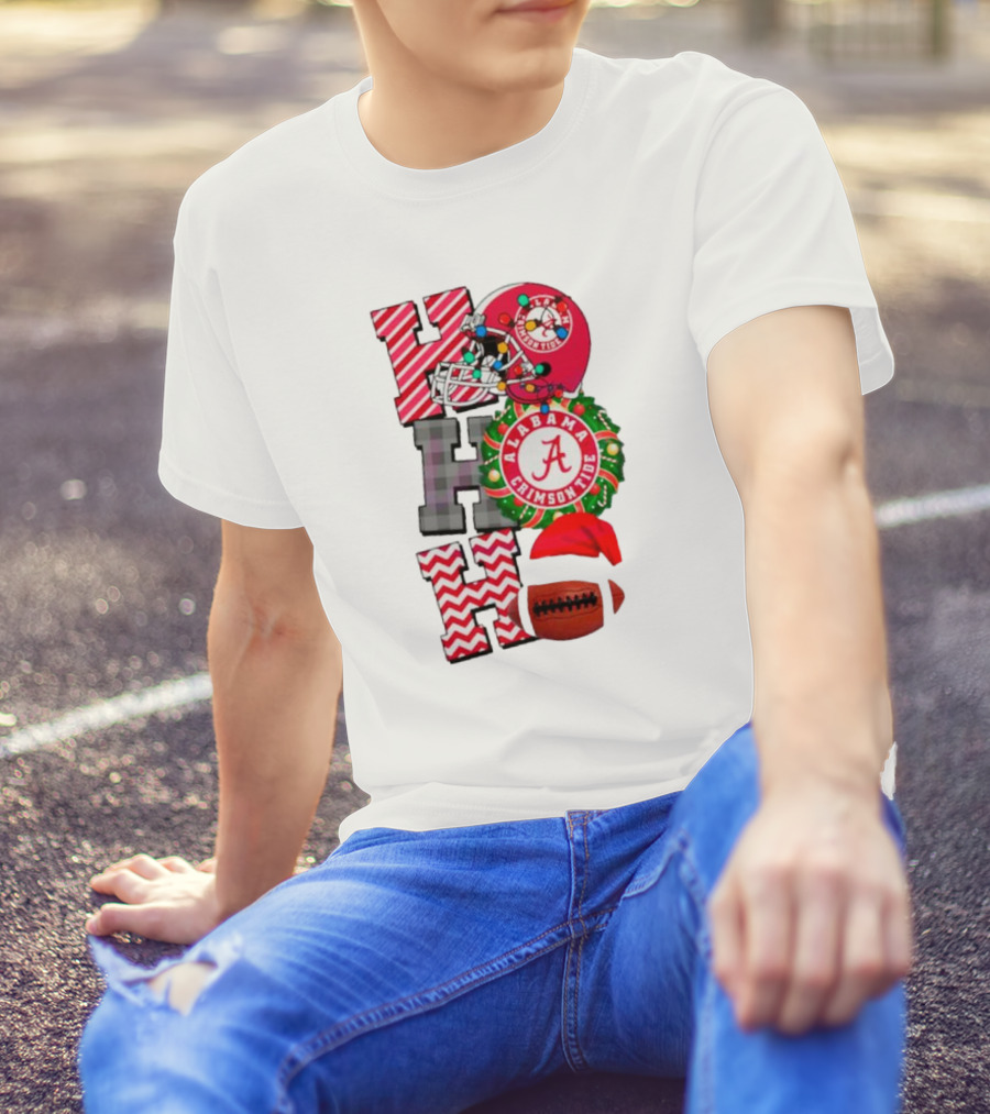 Alabama Crimson Tide Football Christmas Ho Ho Ho Santa Hat Wreath Football Helmet T-Shirt