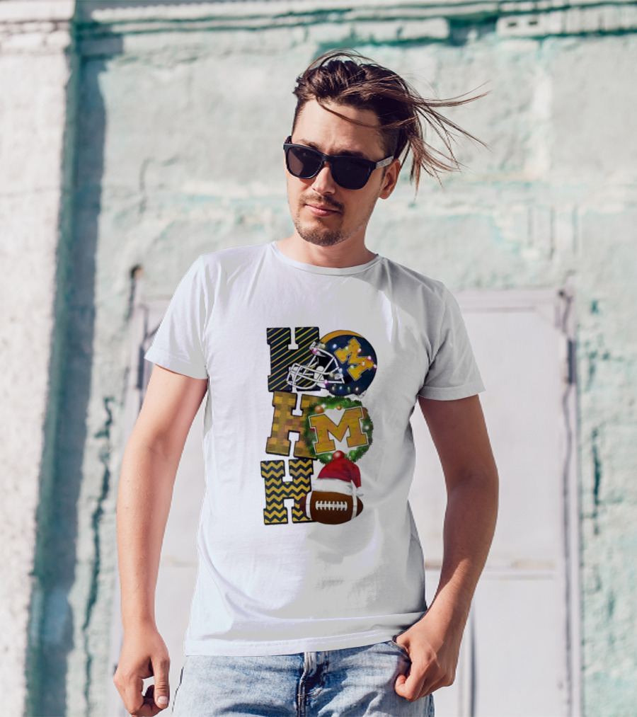 Michigan Wolverines Football Helmet Wreath Christmas Ho Ho Ho T-Shirt