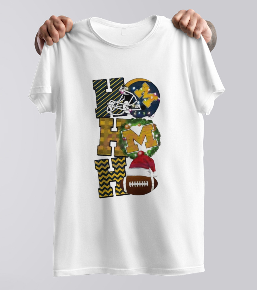 Michigan Wolverines Football Helmet Wreath Christmas Ho Ho Ho T-Shirt