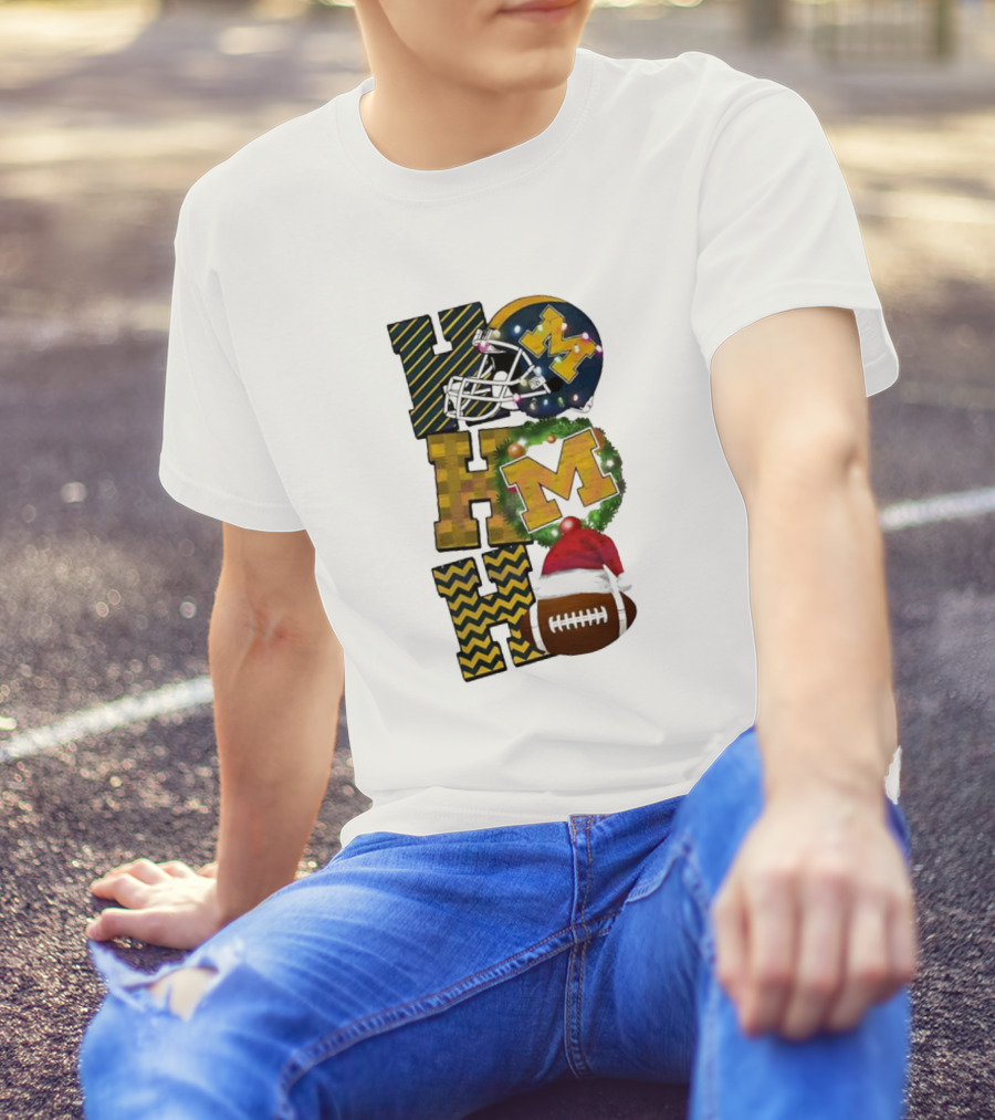 Michigan Wolverines Football Helmet Wreath Christmas Ho Ho Ho T-Shirt