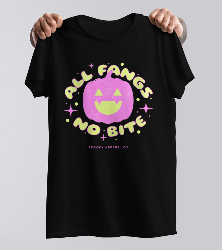 All Fangs No Bite Spooky Apparel Co Halloween Pumpkin T-Shirt