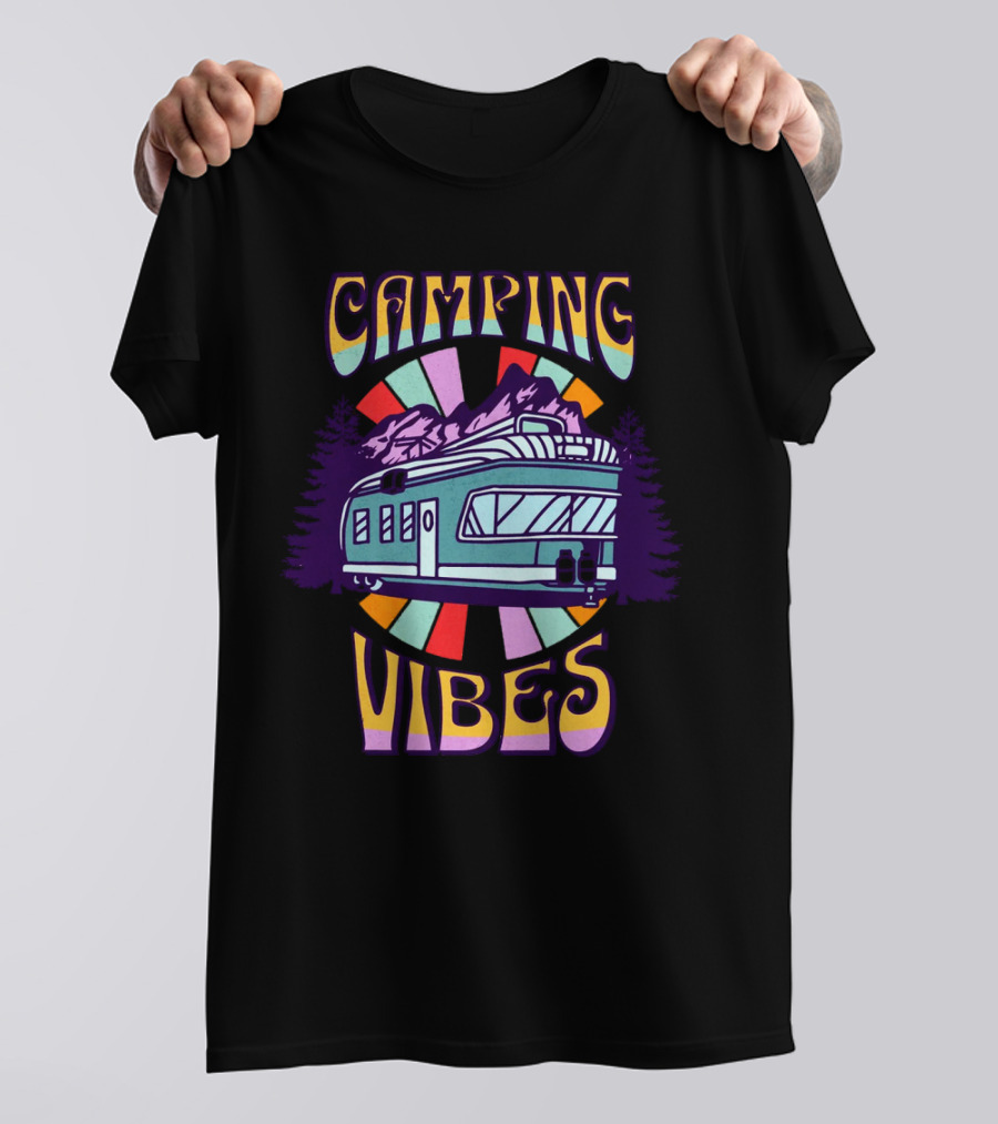Camping Vibes Retro Travel Trailer Mountains Colorful Sunburst T-Shirt