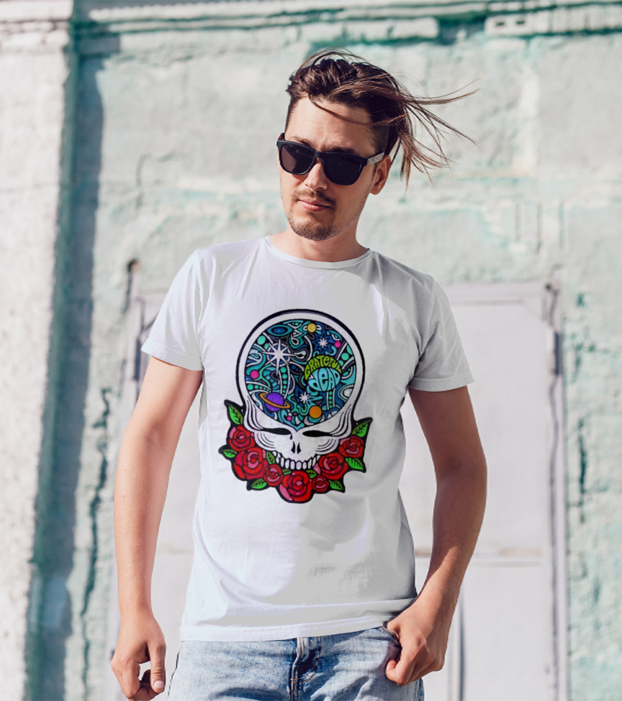 Grateful Dead Skull With Cosmic Rose Design By Danny Steinman T-Shirt