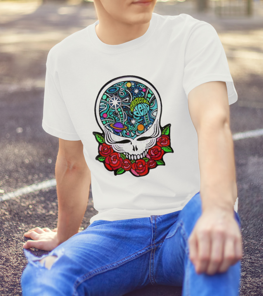 Grateful Dead Skull With Cosmic Rose Design By Danny Steinman T-Shirt