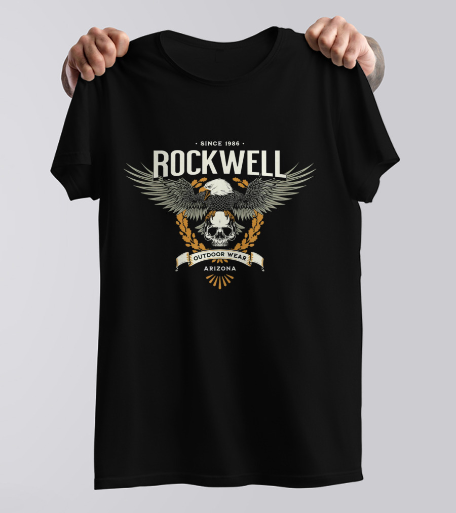 Rockwell Arizona Since 1986 Outdoor Wear Eagle And Skull Badge T-Shirt