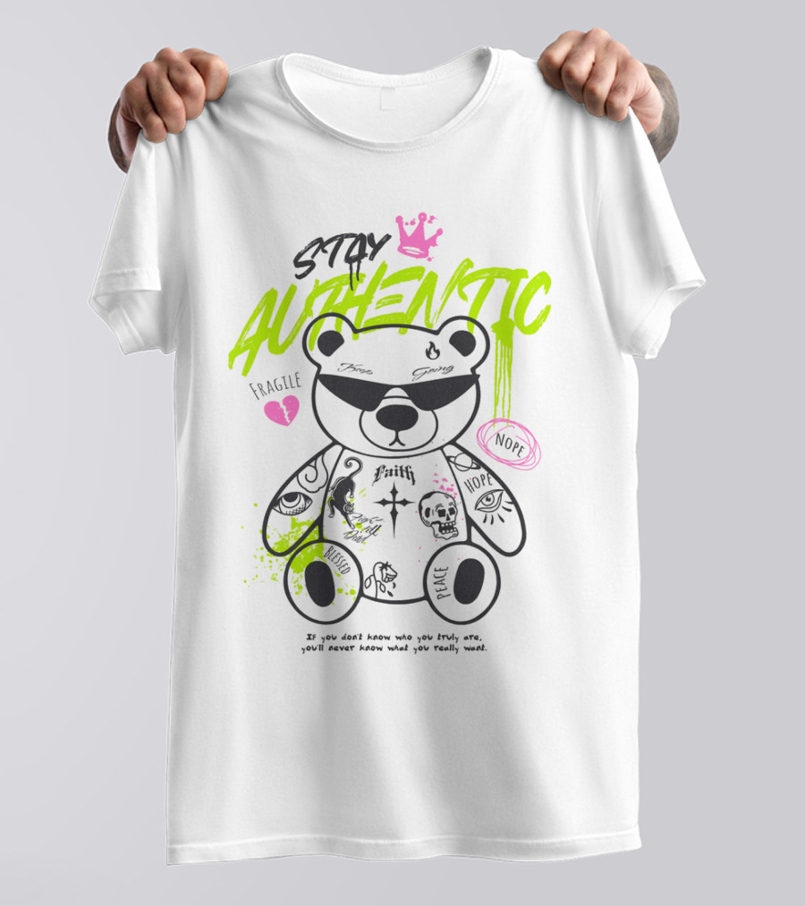 Stay Authentic Graffiti Bear With Pink Crown And Heart T-Shirt