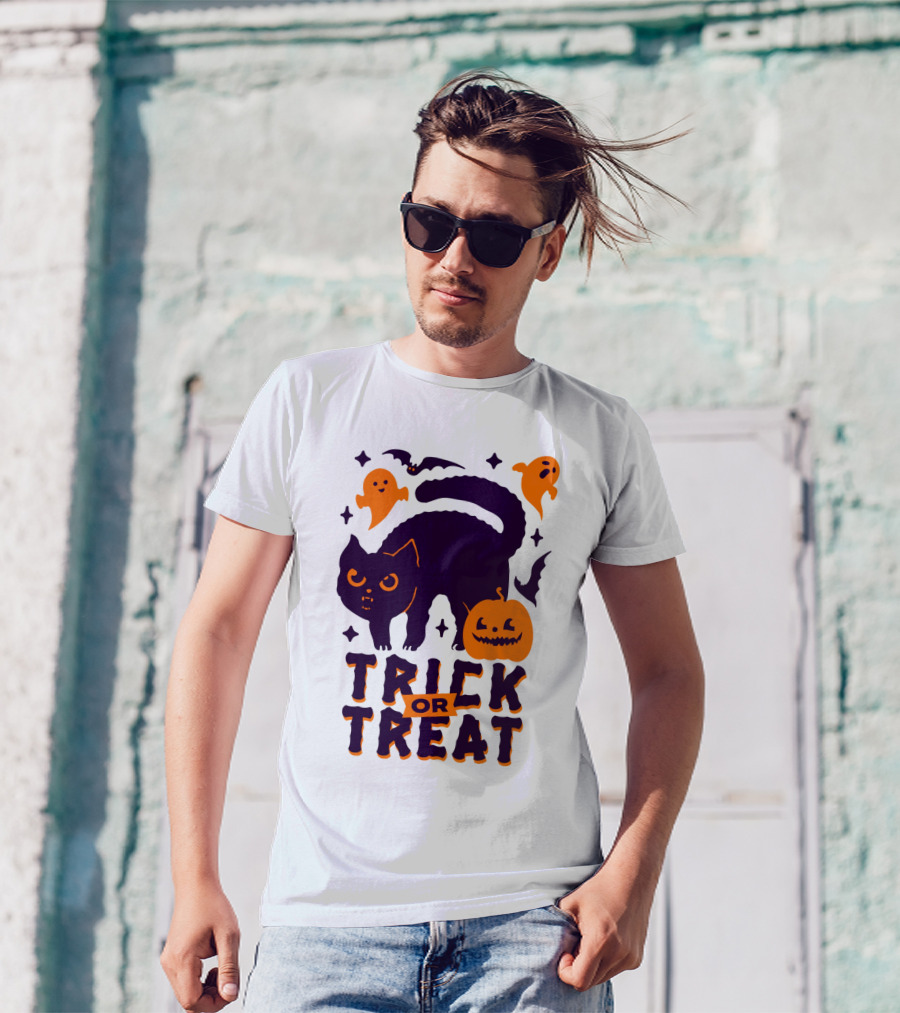 Trick Or Treat Halloween Cats Pumpkins Ghosts And Bats T-Shirt