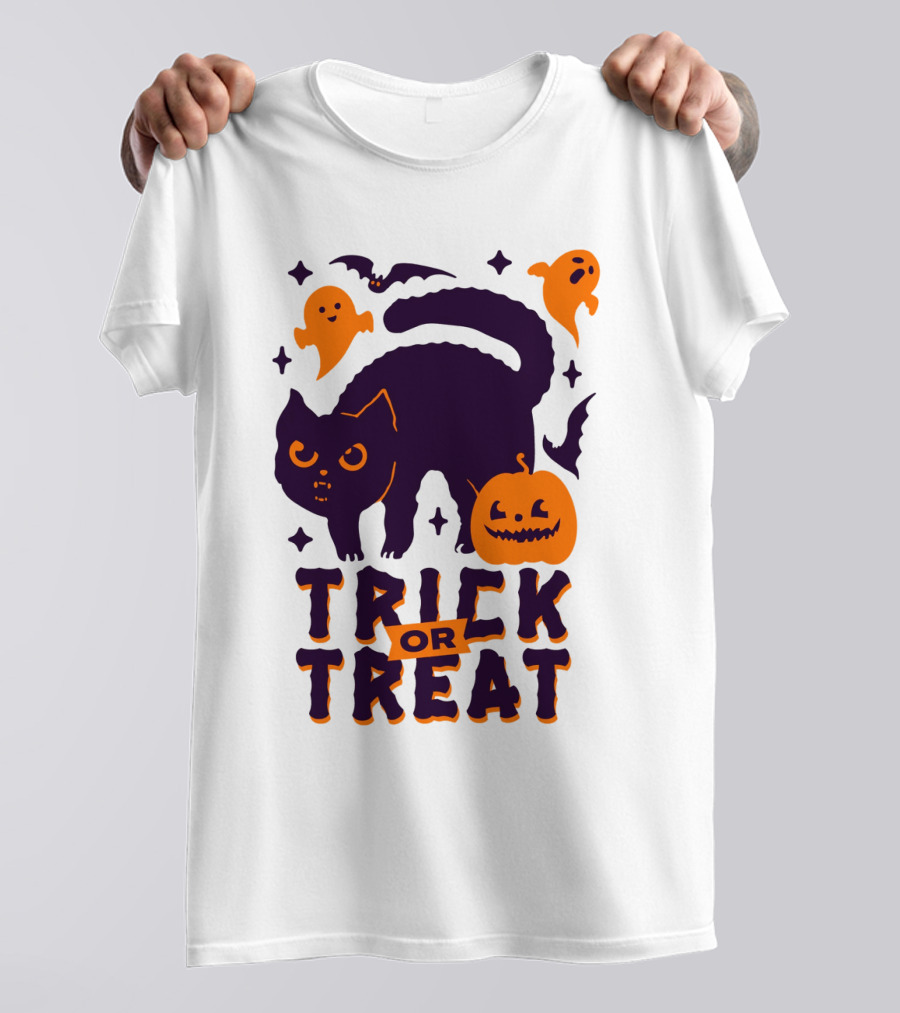 Trick Or Treat Halloween Cats Pumpkins Ghosts And Bats T-Shirt