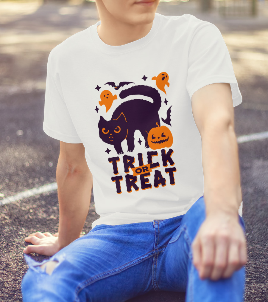 Trick Or Treat Halloween Cats Pumpkins Ghosts And Bats T-Shirt