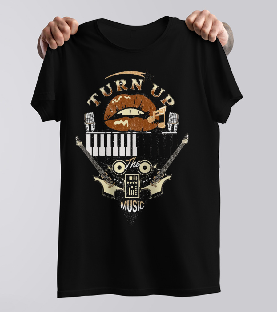 TURN UP THE MUSIC Keyboard Guitars And Microphones T-Shirt