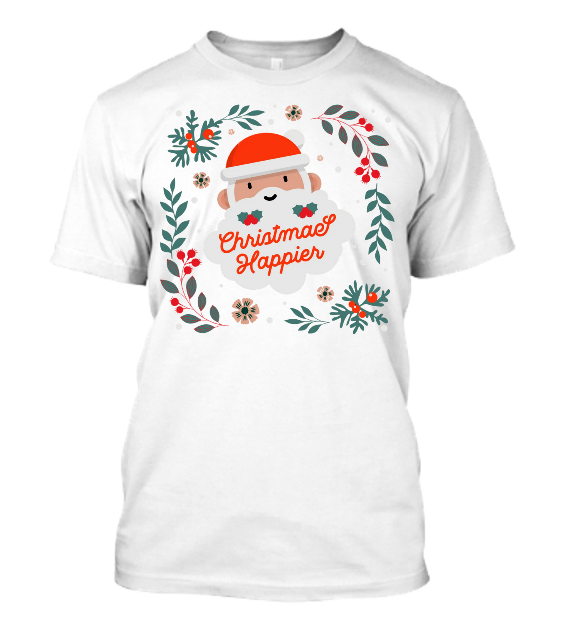 Christmas Happier Santa Claus With Holly And Festive Floral Elements T-Shirt