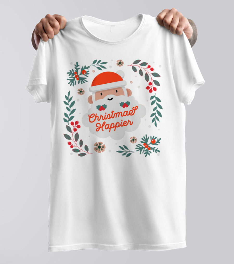Christmas Happier Santa Claus With Holly And Festive Floral Elements T-Shirt