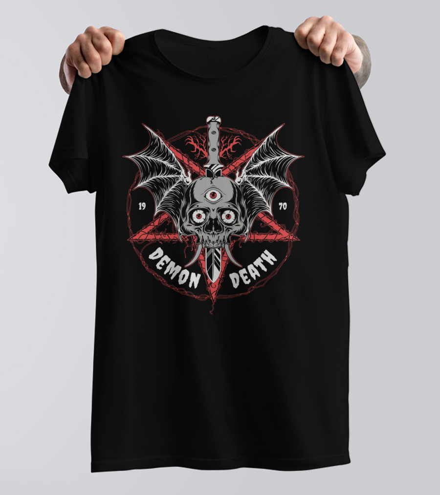 DEMON DEATH 1970 Skull With Wings And Knife In Pentagram T-Shirt
