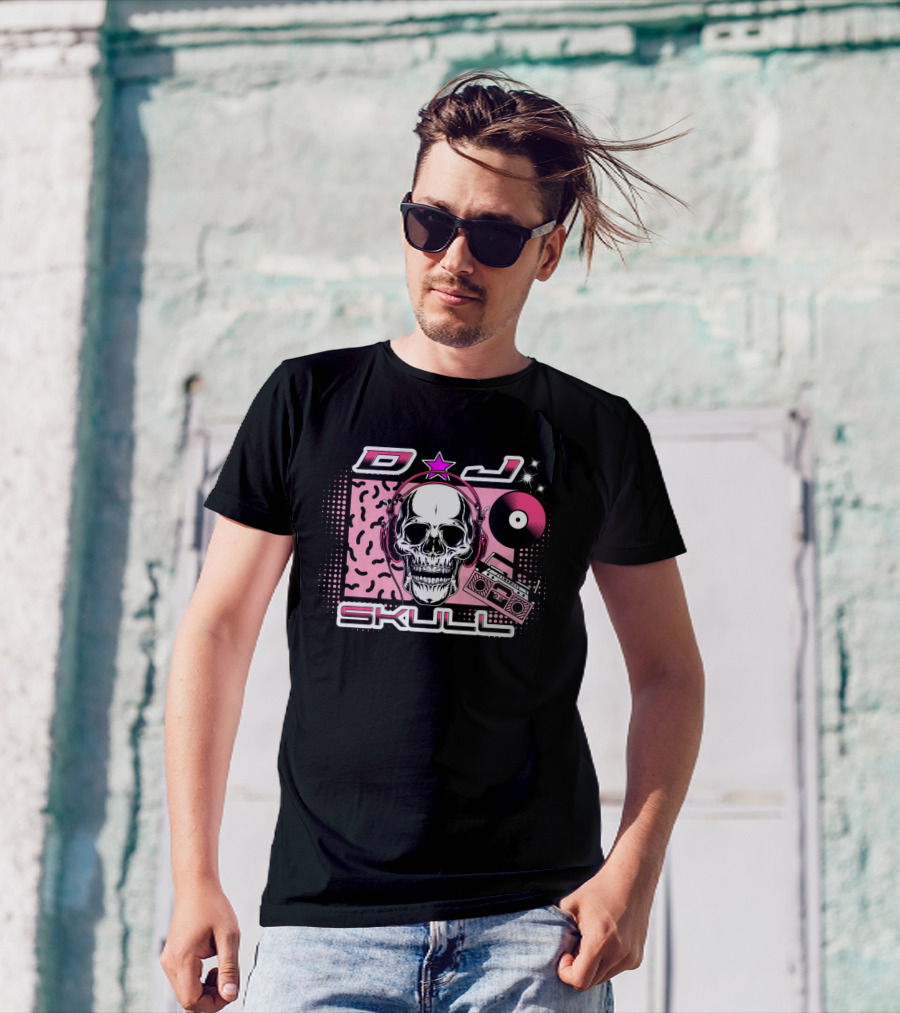 DJ Skull Retro Headphones Boombox Vinyl Star T-Shirt