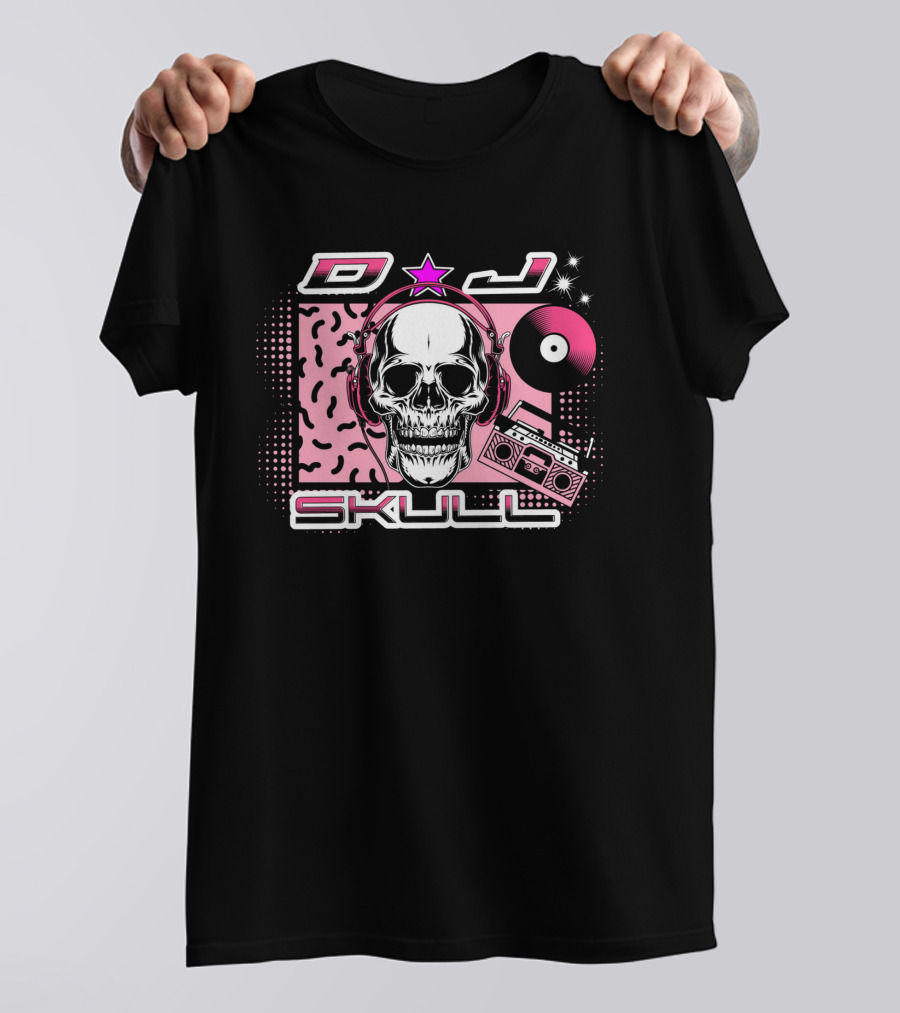 DJ Skull Retro Headphones Boombox Vinyl Star T-Shirt