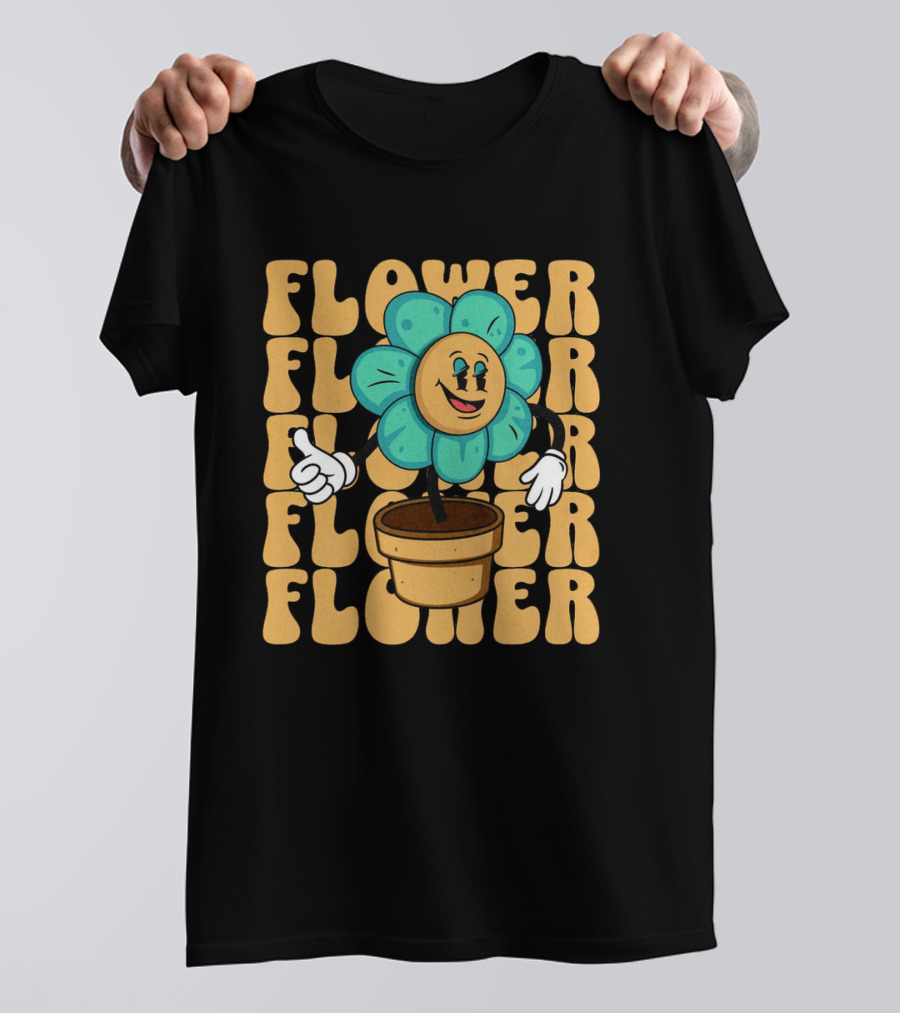 Flower Happy Blue Petal Character In Pot With Groovy Text T-Shirt