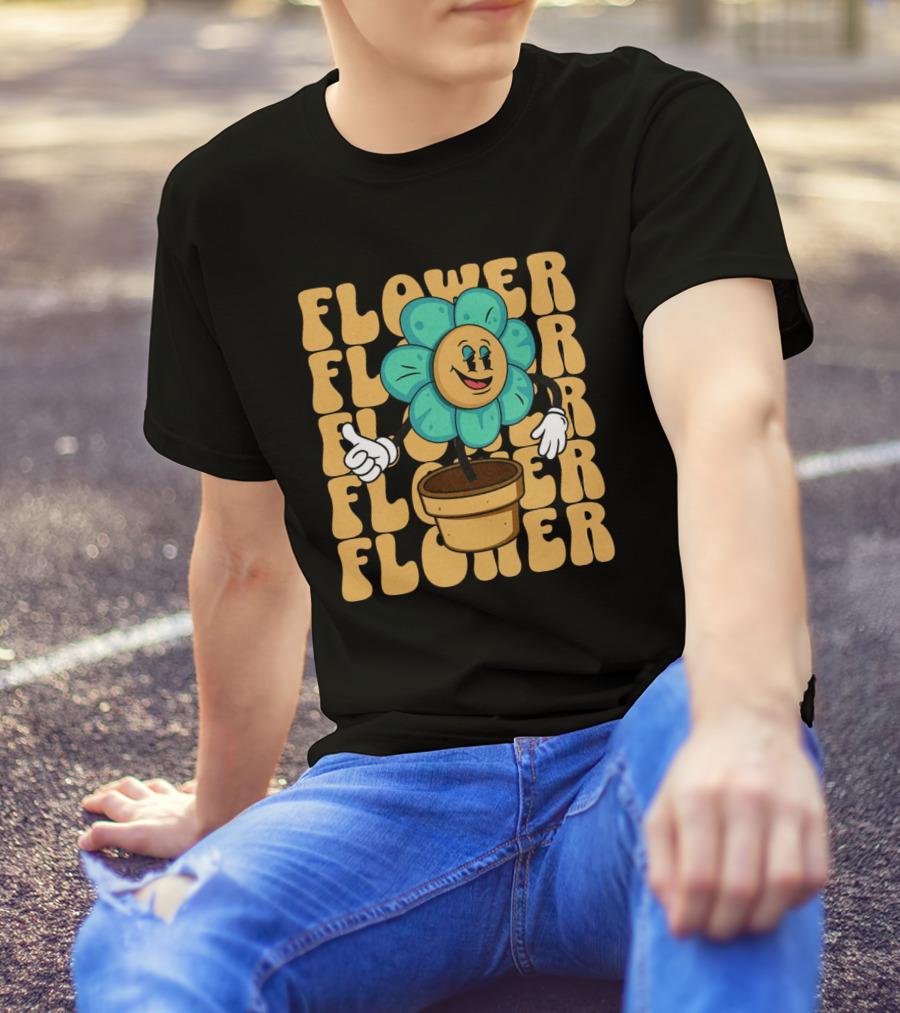 Flower Happy Blue Petal Character In Pot With Groovy Text T-Shirt