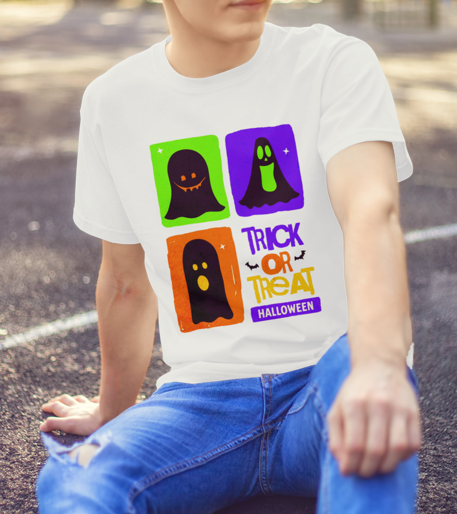 Halloween Trick Or Treat Ghosts In Colorful Boxes T-Shirt