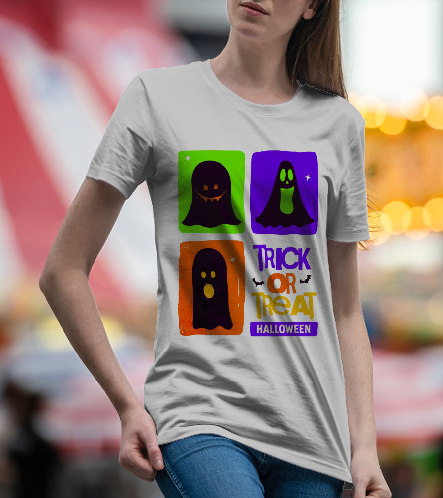 Halloween Trick Or Treat Ghosts In Colorful Boxes T-Shirt