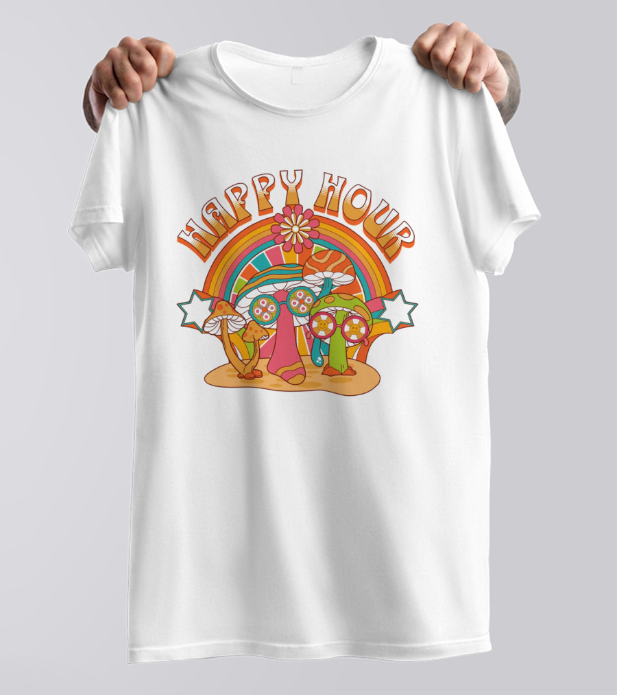 Happy Hour Psychedelic Mushroom Rainbow 70s T-Shirt