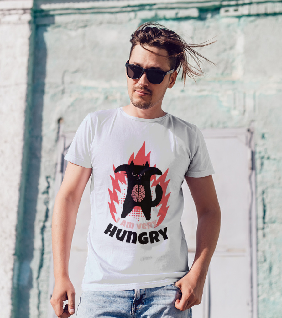 I Am Very Hungry Cat With Brain Design Humor T-Shirt