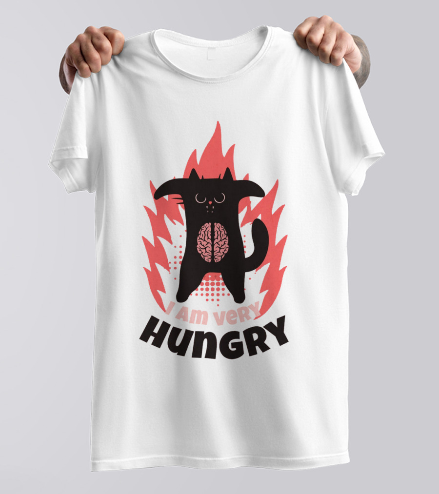 I Am Very Hungry Cat With Brain Design Humor T-Shirt