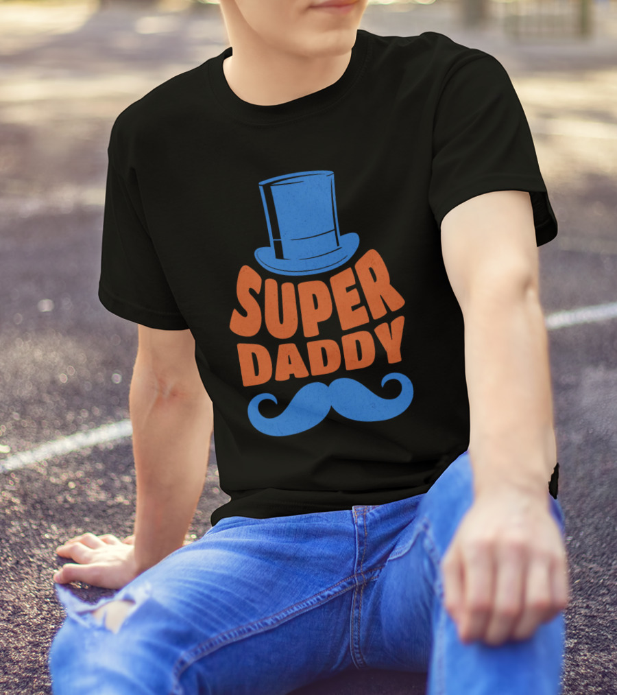Super Daddy Mustache Top Hat Blue T-Shirt