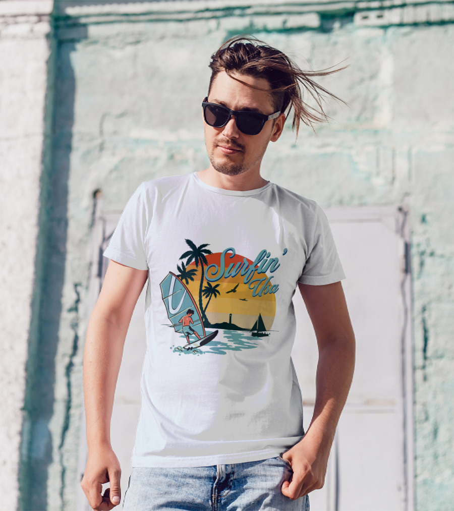 Surfin' Usa Retro Sunset Windsurfer Palm Trees Ocean Scene T-Shirt