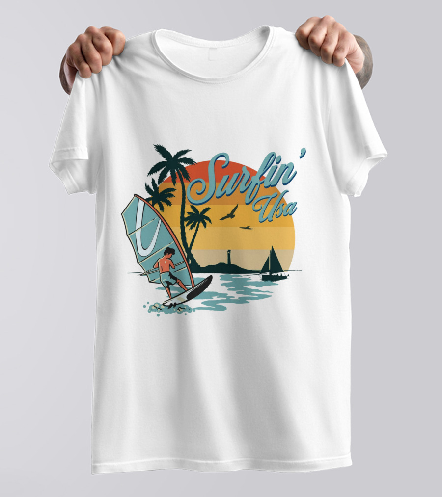 Surfin' Usa Retro Sunset Windsurfer Palm Trees Ocean Scene T-Shirt