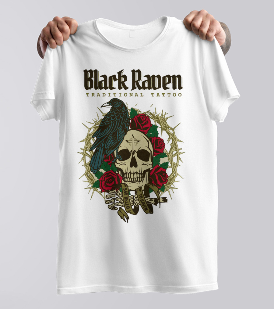 Black Raven Traditional Tattoo Skull Roses Thorns T-Shirt