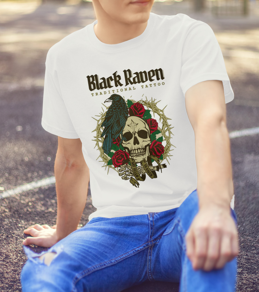 Black Raven Traditional Tattoo Skull Roses Thorns T-Shirt