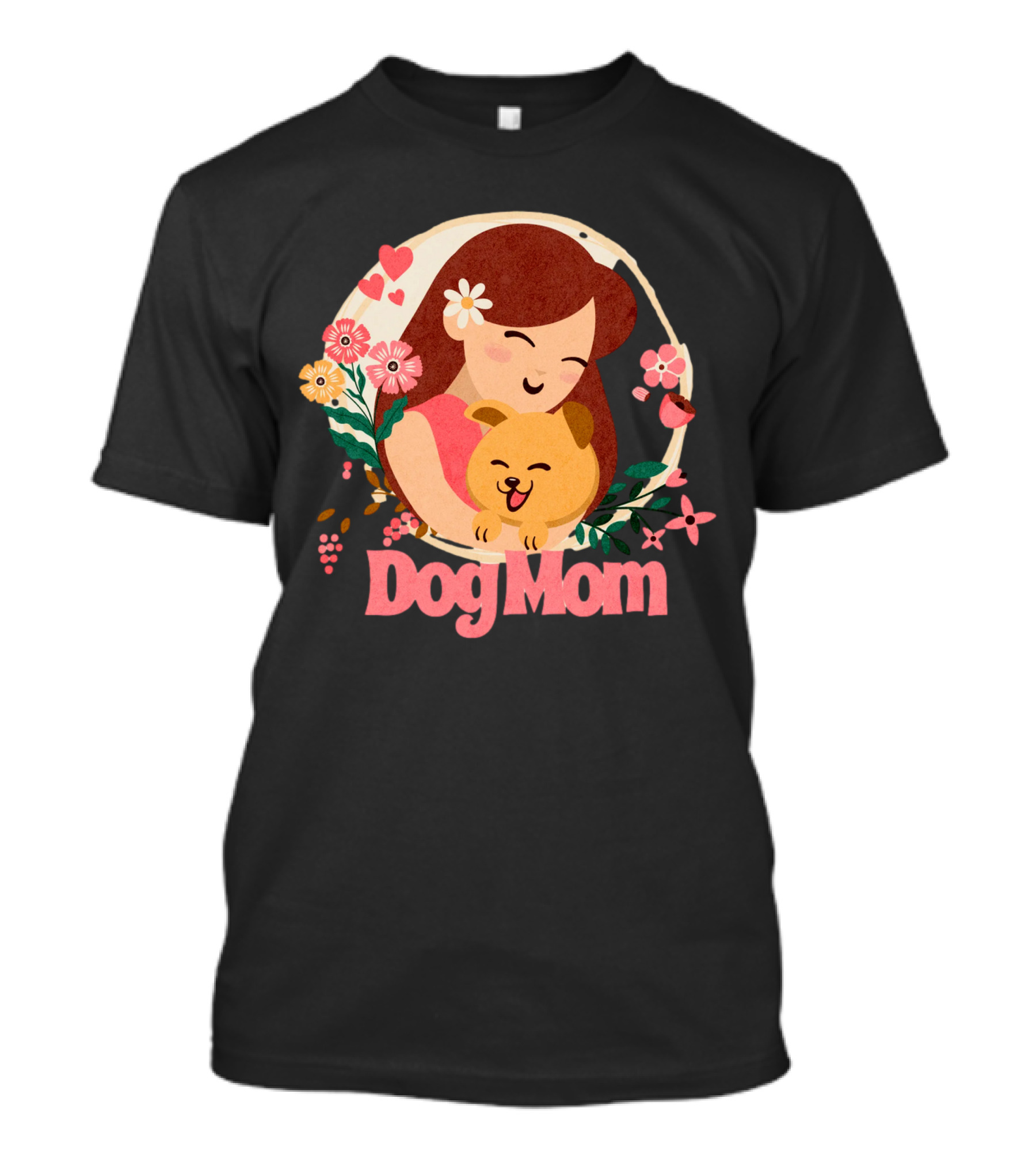 Dog Mom With Happy Puppy And Floral Heart Circle T-Shirt