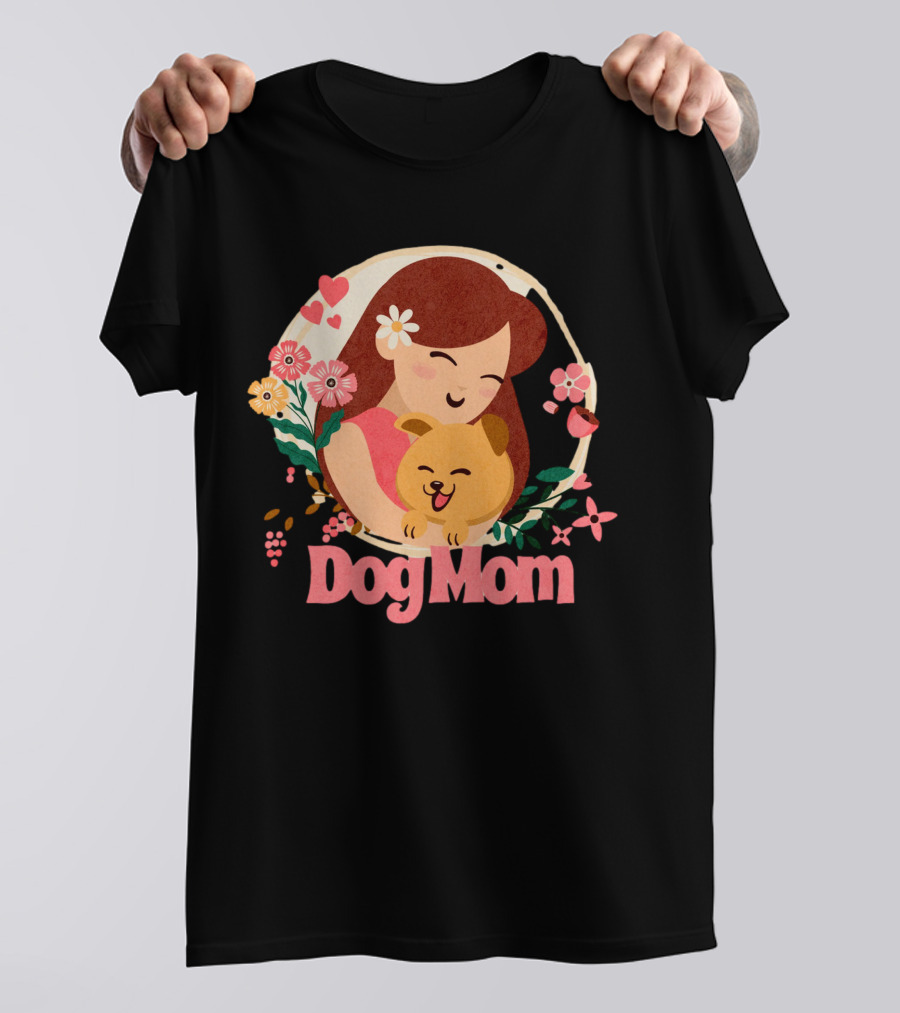 Dog Mom With Happy Puppy And Floral Heart Circle T-Shirt