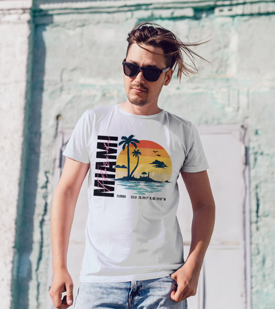 Florida Miami Beach Sunset Coordinates Palm Trees T-Shirt