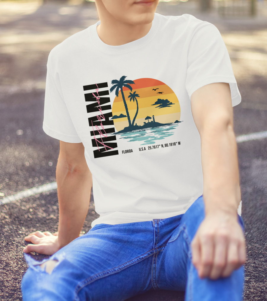 Florida Miami Beach Sunset Coordinates Palm Trees T-Shirt
