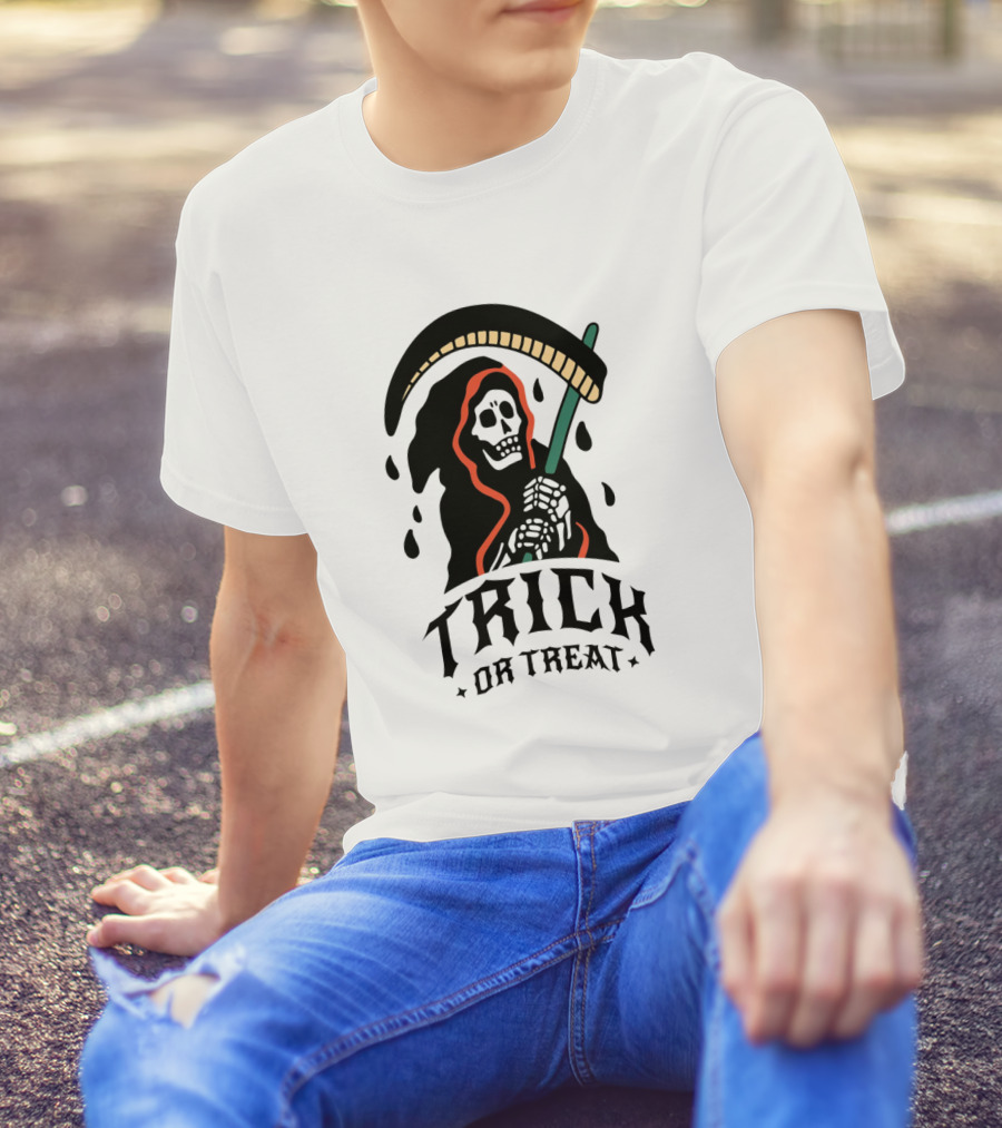 Trick Or Treat Grim Reaper Skeleton With Scythe Halloween T-Shirt