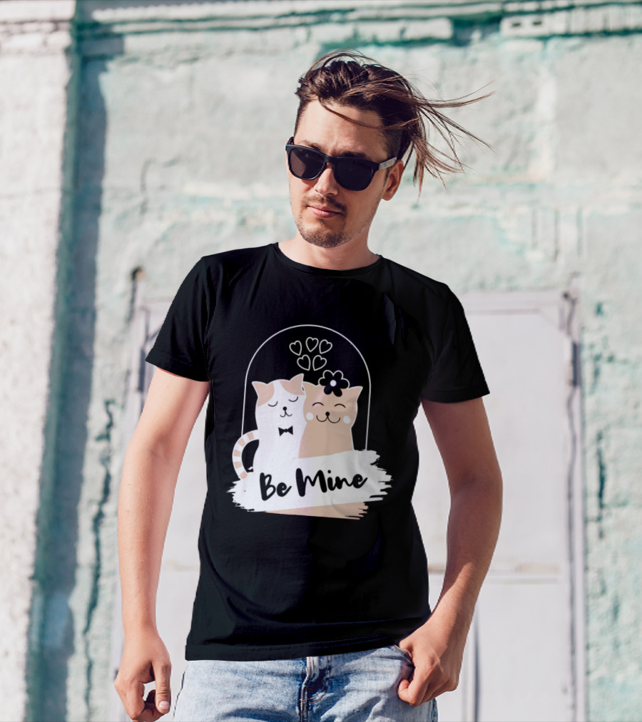 Be Mine Cute Cat Couple With Hearts And Bow Tie T-Shirt