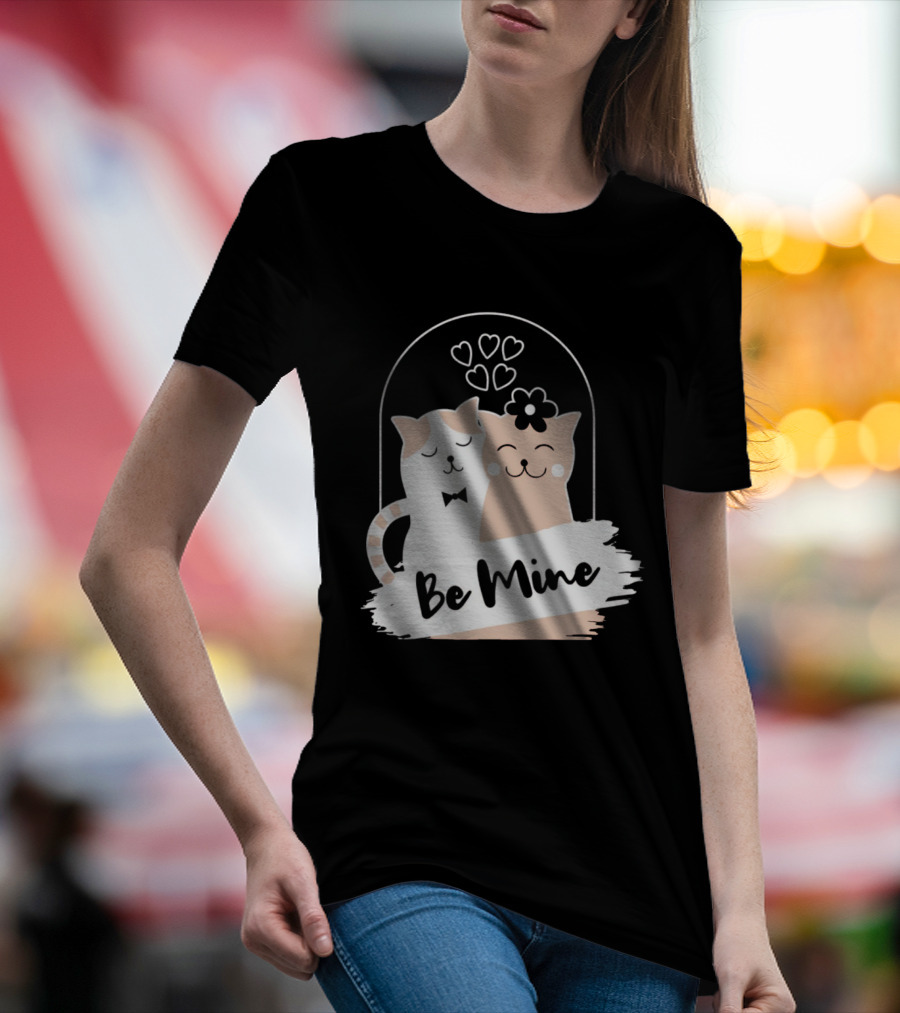 Be Mine Cute Cat Couple With Hearts And Bow Tie T-Shirt