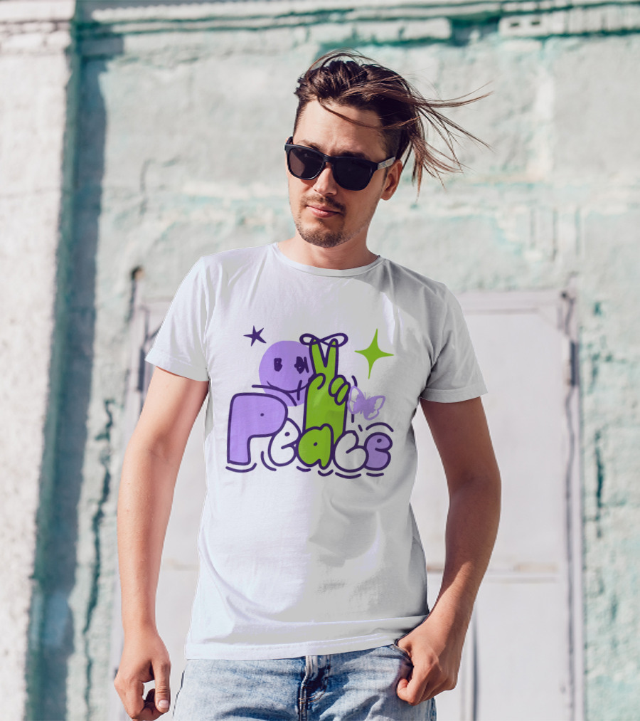 Peace Doodle Smiley Face Butterfly Star Purple Green T-Shirt