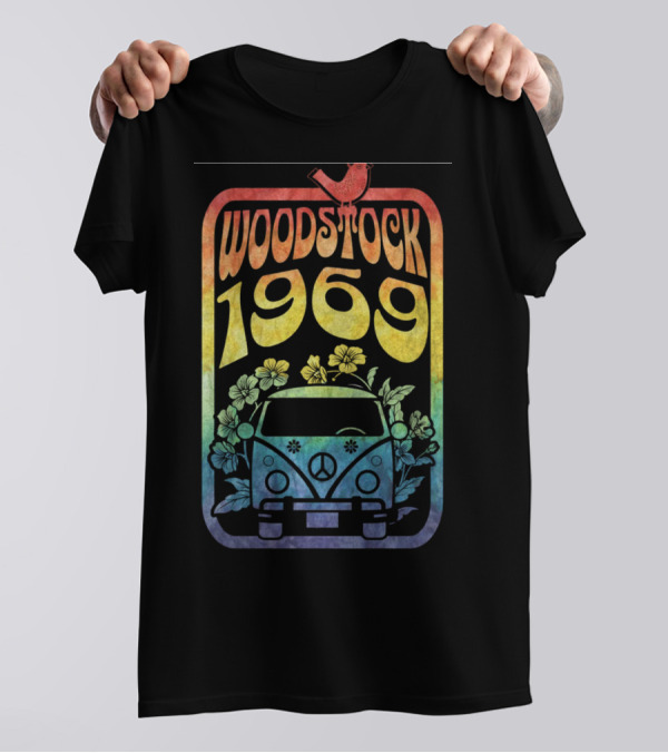 Woodstock 1969 Colorful Campervan Peace Symbol With Flowers T-Shirt