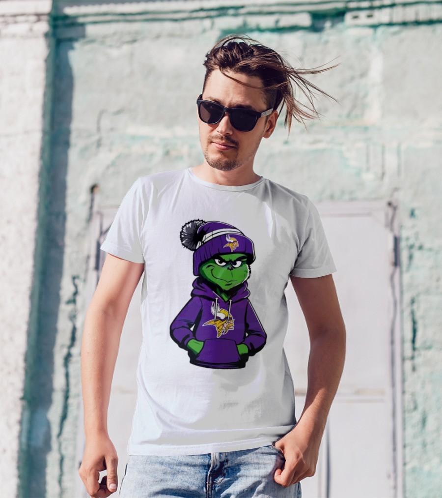 Grinch In Minnesota Vikings Hoodie And Hat With Team T-Shirt