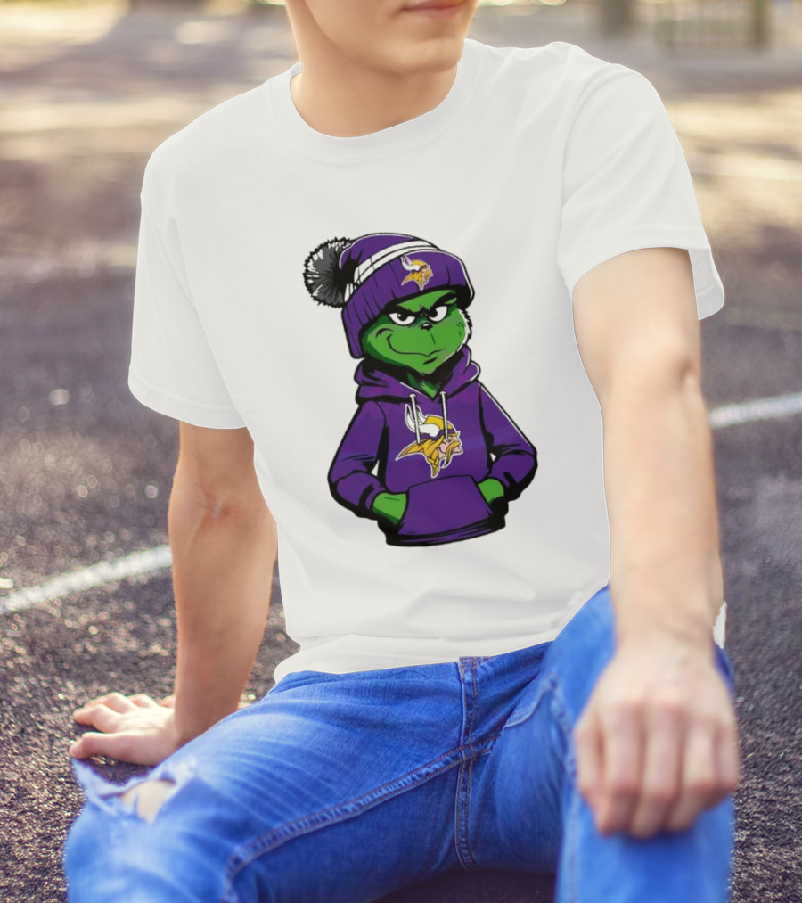 Grinch In Minnesota Vikings Hoodie And Hat With Team T-Shirt