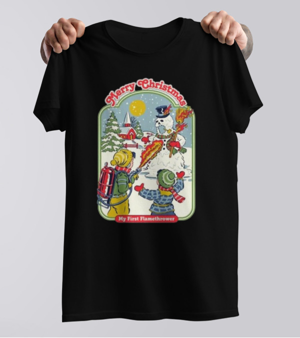Merry Christmas My First Flamethrower Vintage Snowman Scene T-Shirt