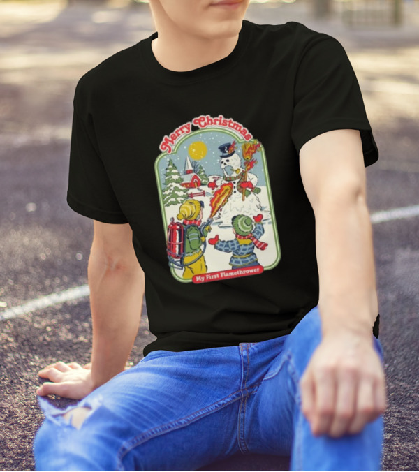 Merry Christmas My First Flamethrower Vintage Snowman Scene T-Shirt