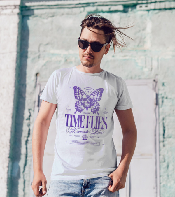 TIME FLIES Memento Mori Butterfly Skull T-Shirt