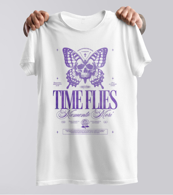 TIME FLIES Memento Mori Butterfly Skull T-Shirt
