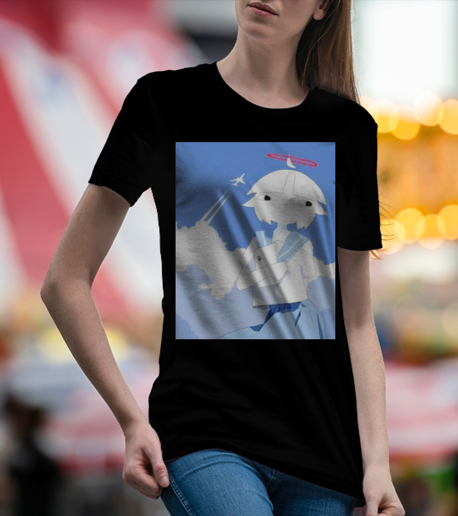 Chew’s District Clowdy Angelic Character Holding Notebook In Blue Sky With Airplane T-Shirt