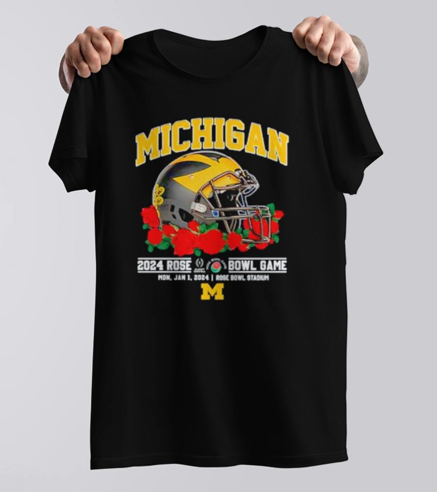 Michigan Football 2024 Rose Bowl Game Mon Jan 1 Rose Bowl Stadium Helmet Roses T-Shirt