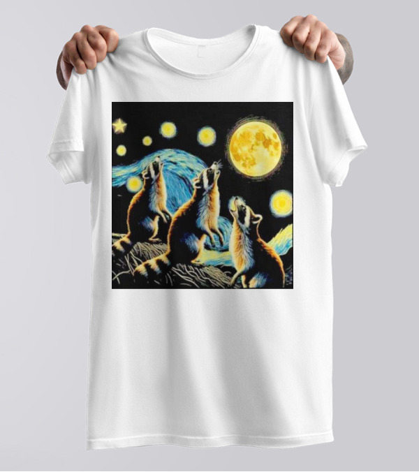 Raccoons Howling At Full Moon Starry Night Trash Pandas T-Shirt