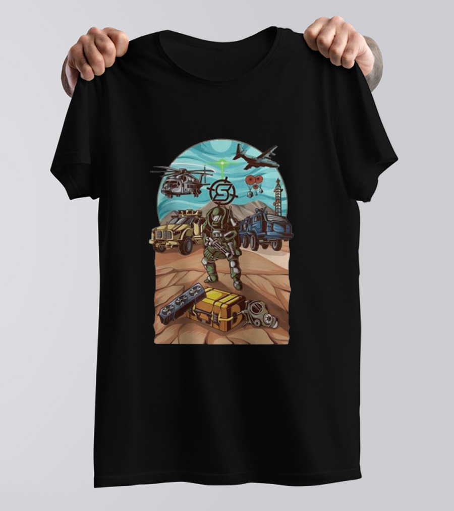 Stodeh Wearing Final Exfil Tactical Gear With Military Vehicles And Aircraft In Desert Scene T-Shirt